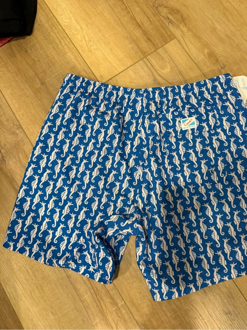 NWT Bermies Blue Seahorse-Print Swim Trunks